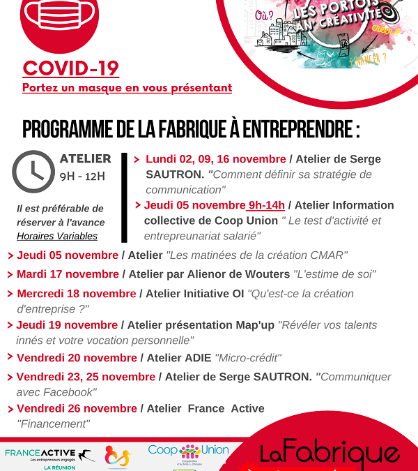 Ateliers et permanences en ce mois de novembre à la Fabrique à entreprendre – Les Portois an’ Créativité.