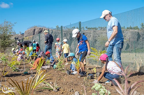 Les enfants participent à la création d’une mini forêt sur les berges de la rivière des Galets